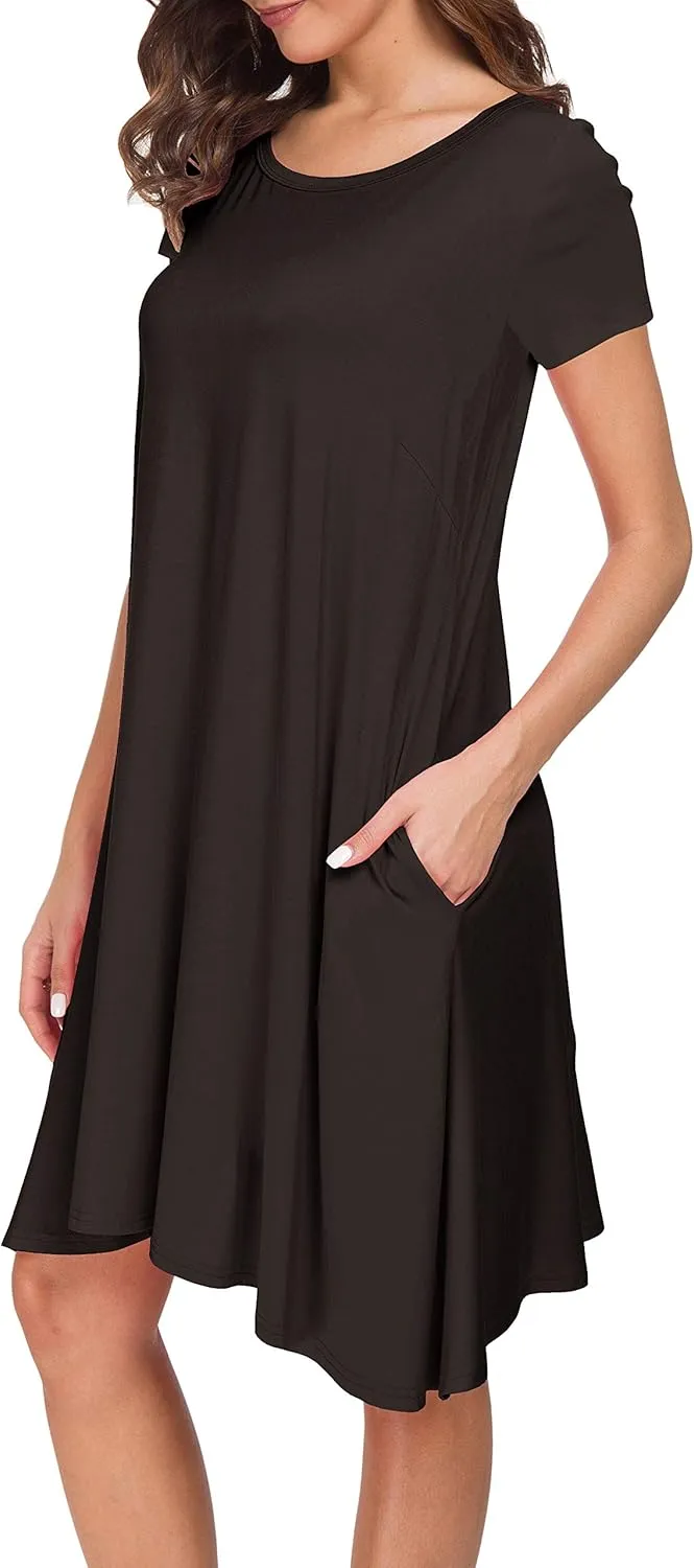 Afibi Womens Short Sleeve Loose Pockets Dress Casual Swing T-Shirt Dresses