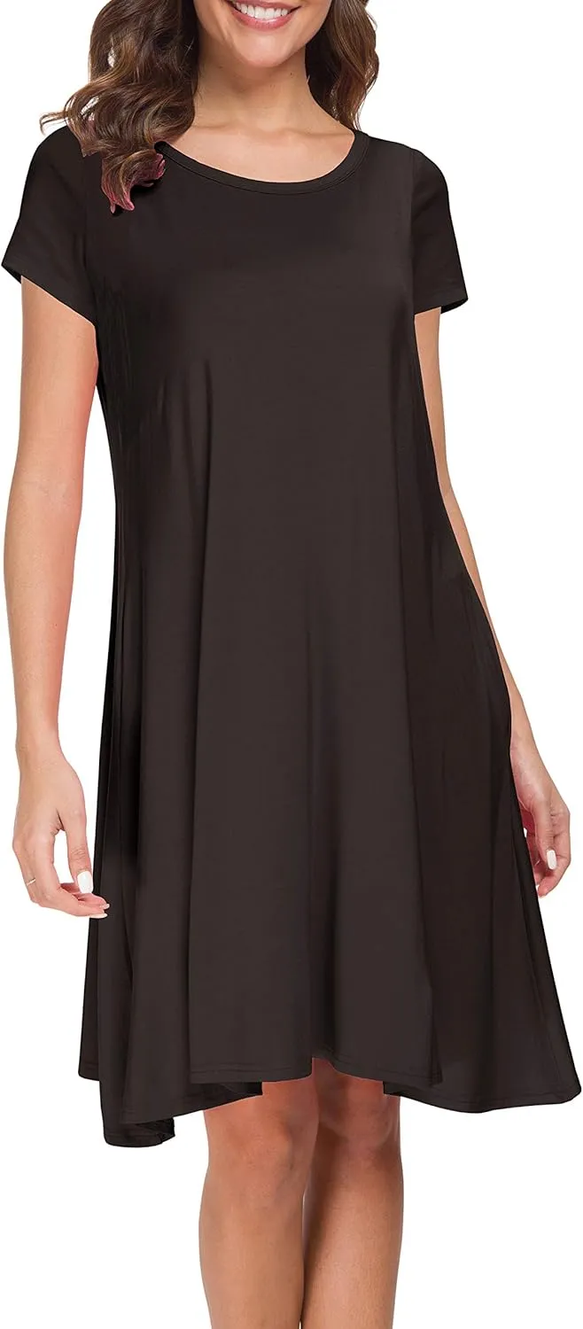 Afibi Womens Short Sleeve Loose Pockets Dress Casual Swing T-Shirt Dresses