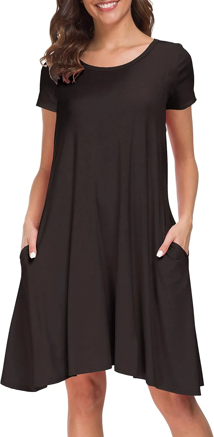Afibi Womens Short Sleeve Loose Pockets Dress Casual Swing T-Shirt Dresses