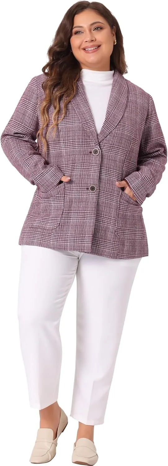 Agnes Orinda Plus Size Plaid Blazer for Women Lapel Jacket Work Office Single Breasted Blazers