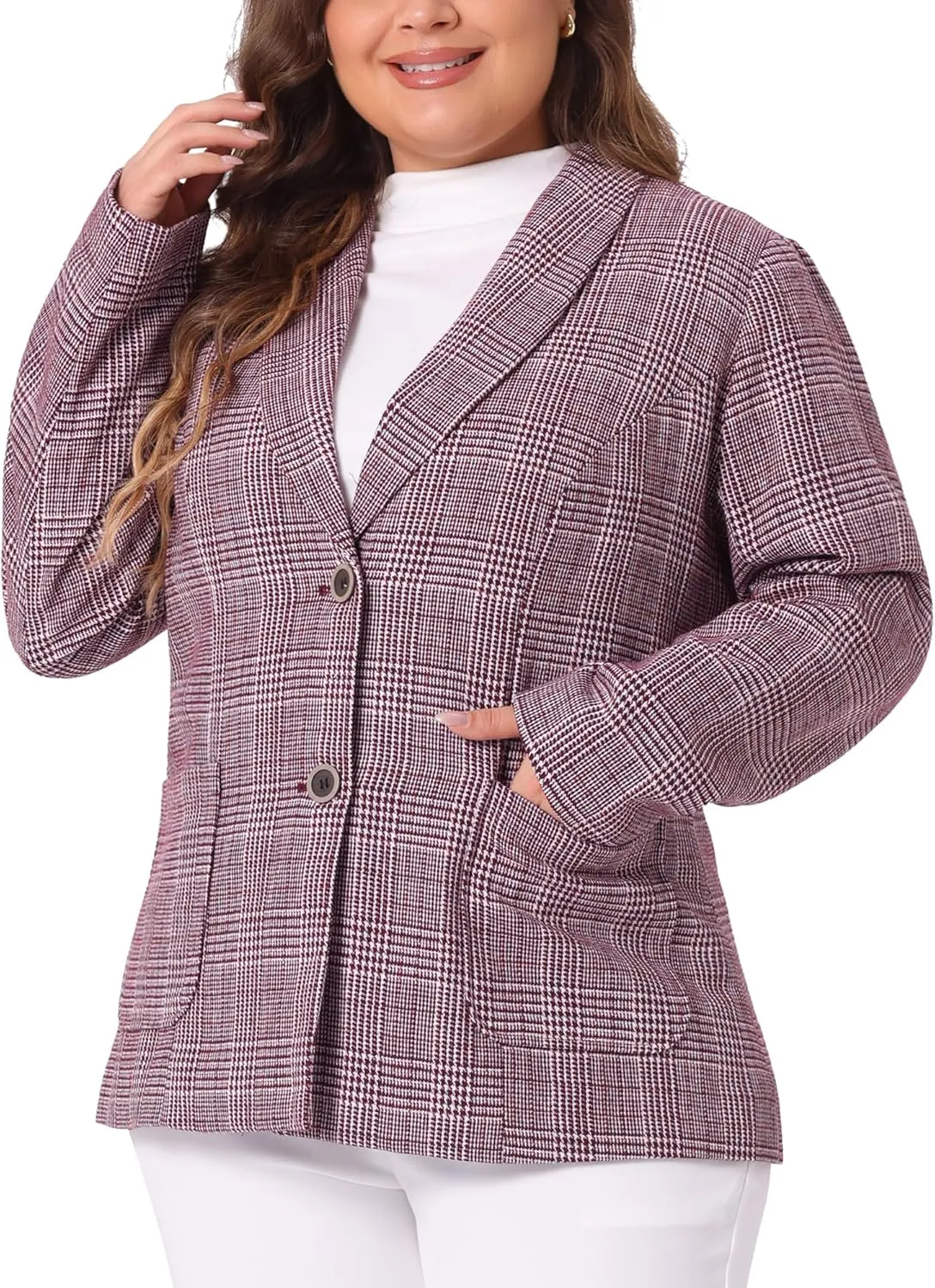 Agnes Orinda Plus Size Plaid Blazer for Women Lapel Jacket Work Office Single Breasted Blazers