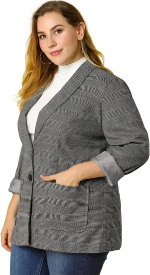 Agnes Orinda Plus Size Plaid Blazer for Women Lapel Jacket Work Office Single Breasted Blazers