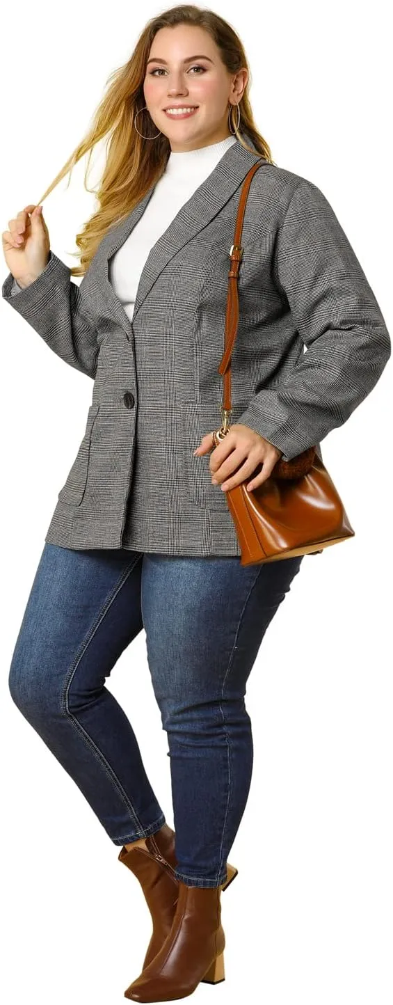 Agnes Orinda Plus Size Plaid Blazer for Women Lapel Jacket Work Office Single Breasted Blazers