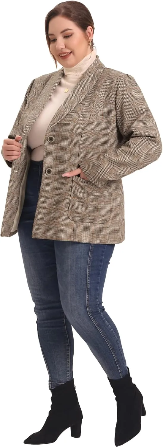 Agnes Orinda Plus Size Plaid Blazer for Women Lapel Jacket Work Office Single Breasted Blazers