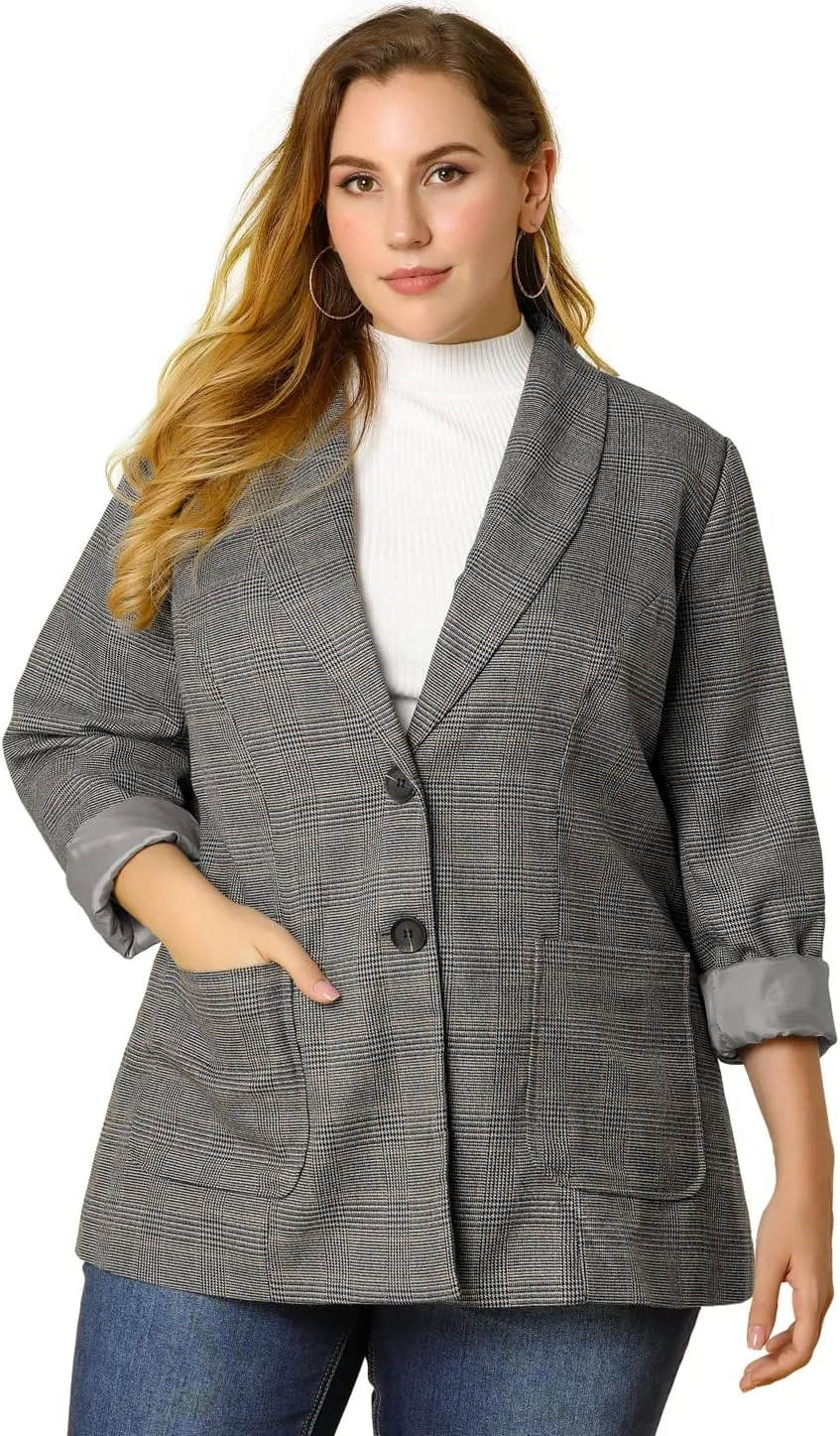 Agnes Orinda Plus Size Plaid Blazer for Women Lapel Jacket Work Office Single Breasted Blazers