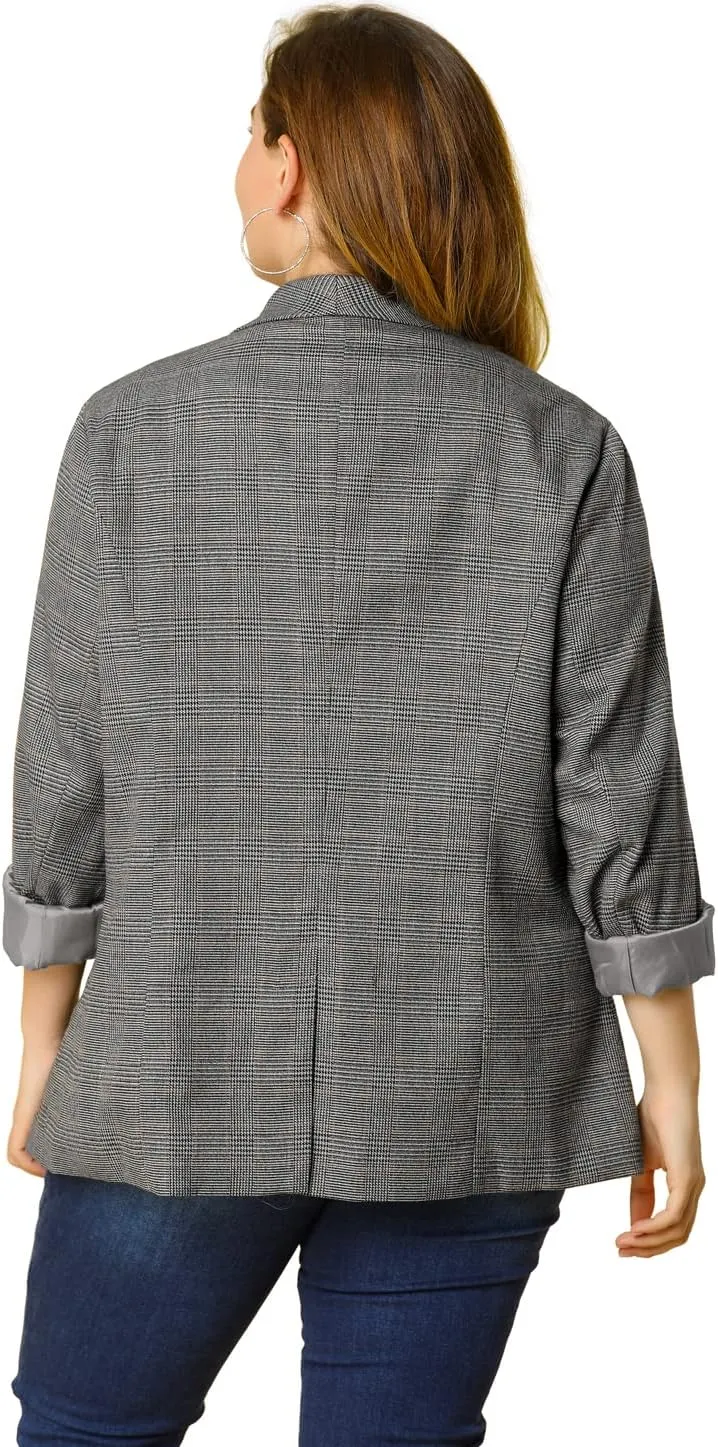 Agnes Orinda Plus Size Plaid Blazer for Women Lapel Jacket Work Office Single Breasted Blazers