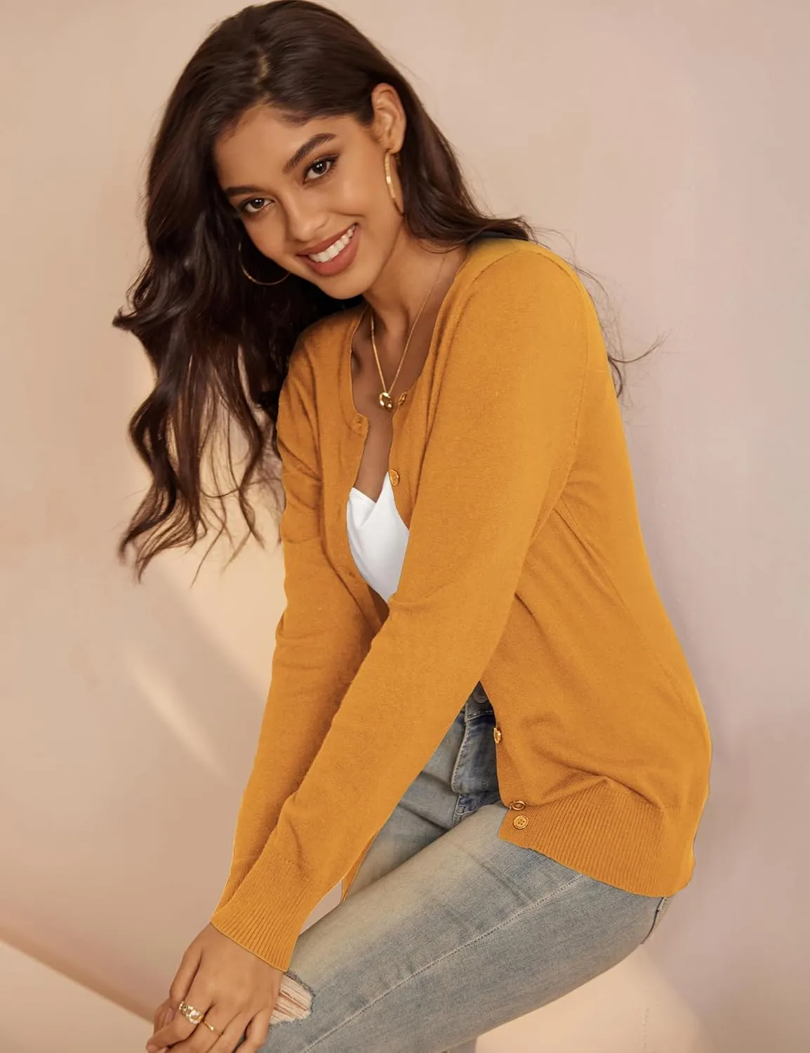 a.Jesdani Women's Button Down Crew Neck Long Sleeve Soft Knit Cardigan Sweaters