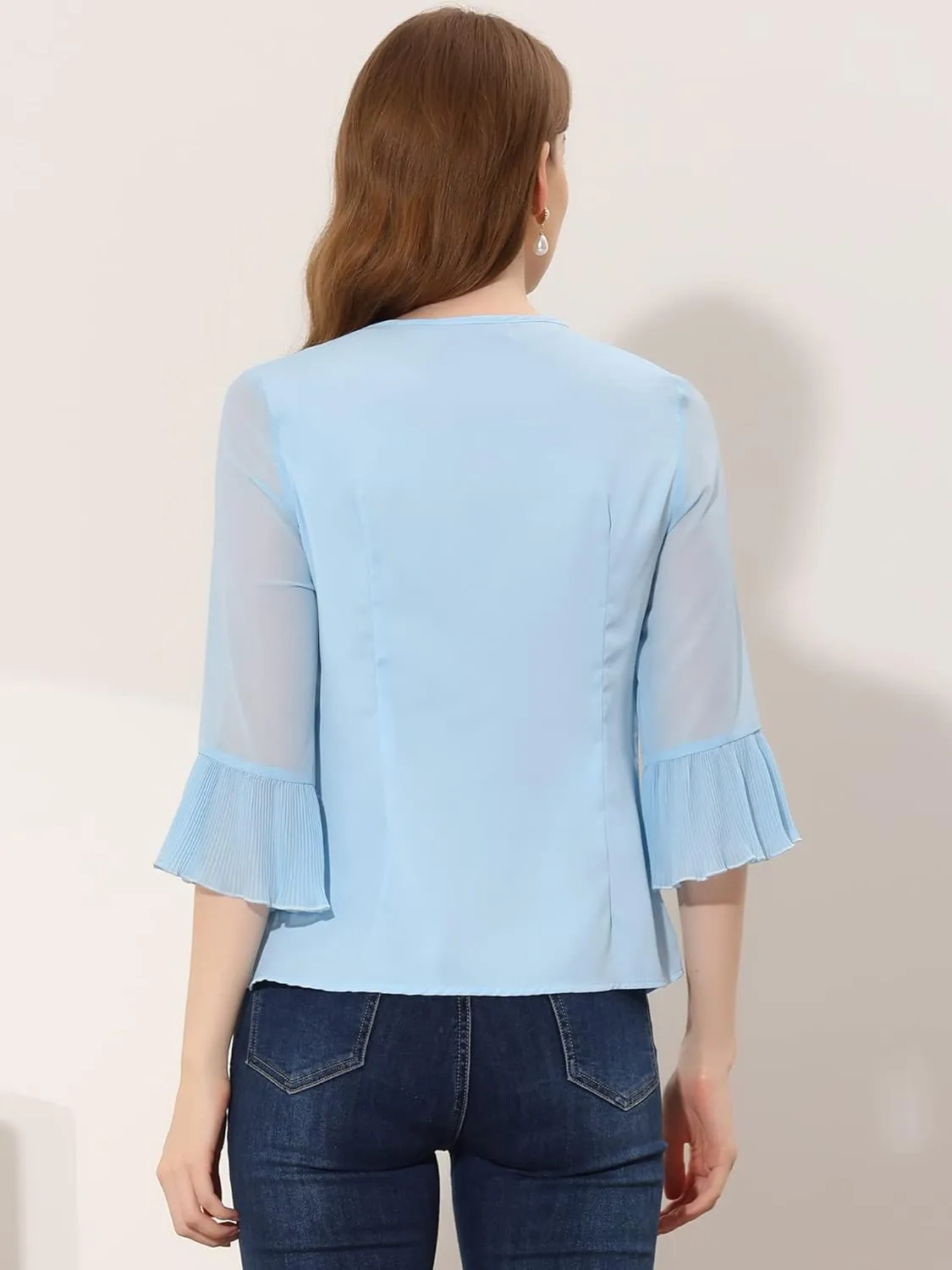 Allegra K Women's Bow Tie Neck Blouse Sheer 3/4 Sleeve Chiffon Tops