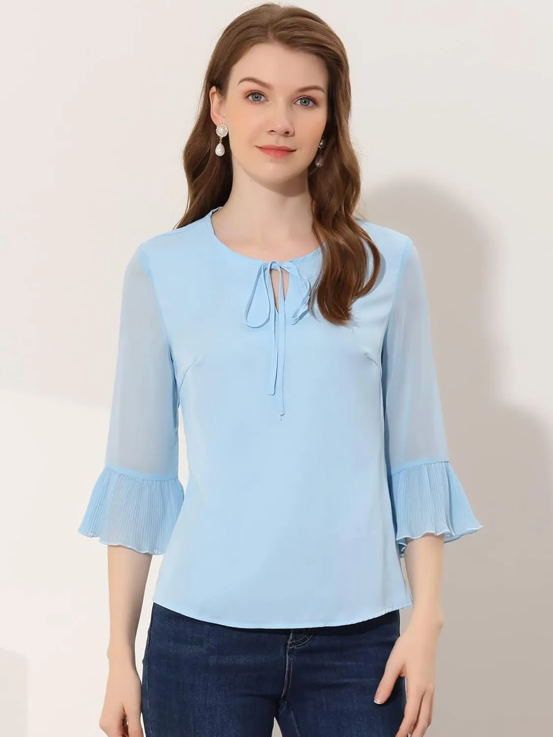 Allegra K Women's Bow Tie Neck Blouse Sheer 3/4 Sleeve Chiffon Tops