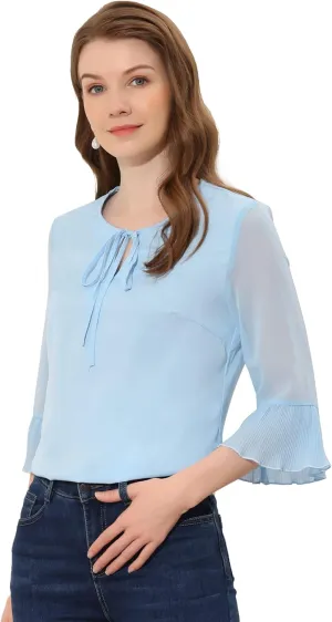 Allegra K Women's Bow Tie Neck Blouse Sheer 3/4 Sleeve Chiffon Tops