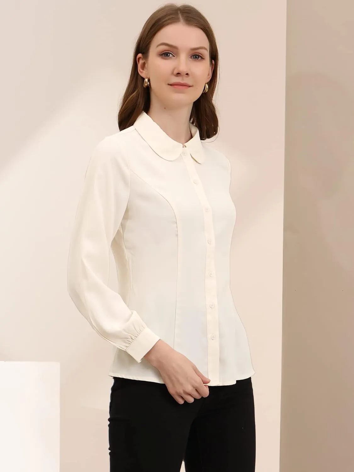 Allegra K Women's Button Up Shirt Business Casual Career Peter Pan Collar Long Bishop Sleeve Blouse