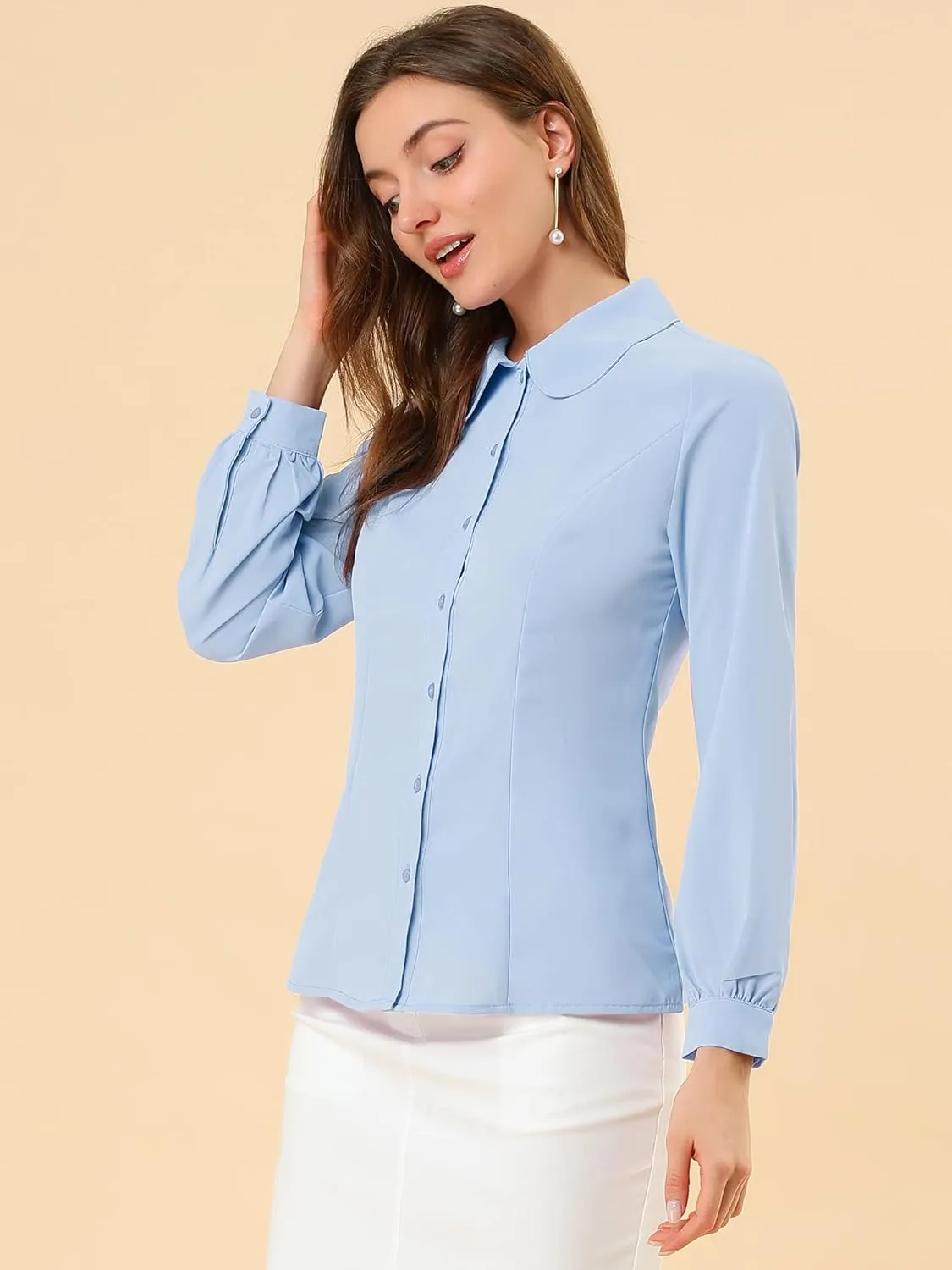 Allegra K Women's Button Up Shirt Business Casual Career Peter Pan Collar Long Bishop Sleeve Blouse