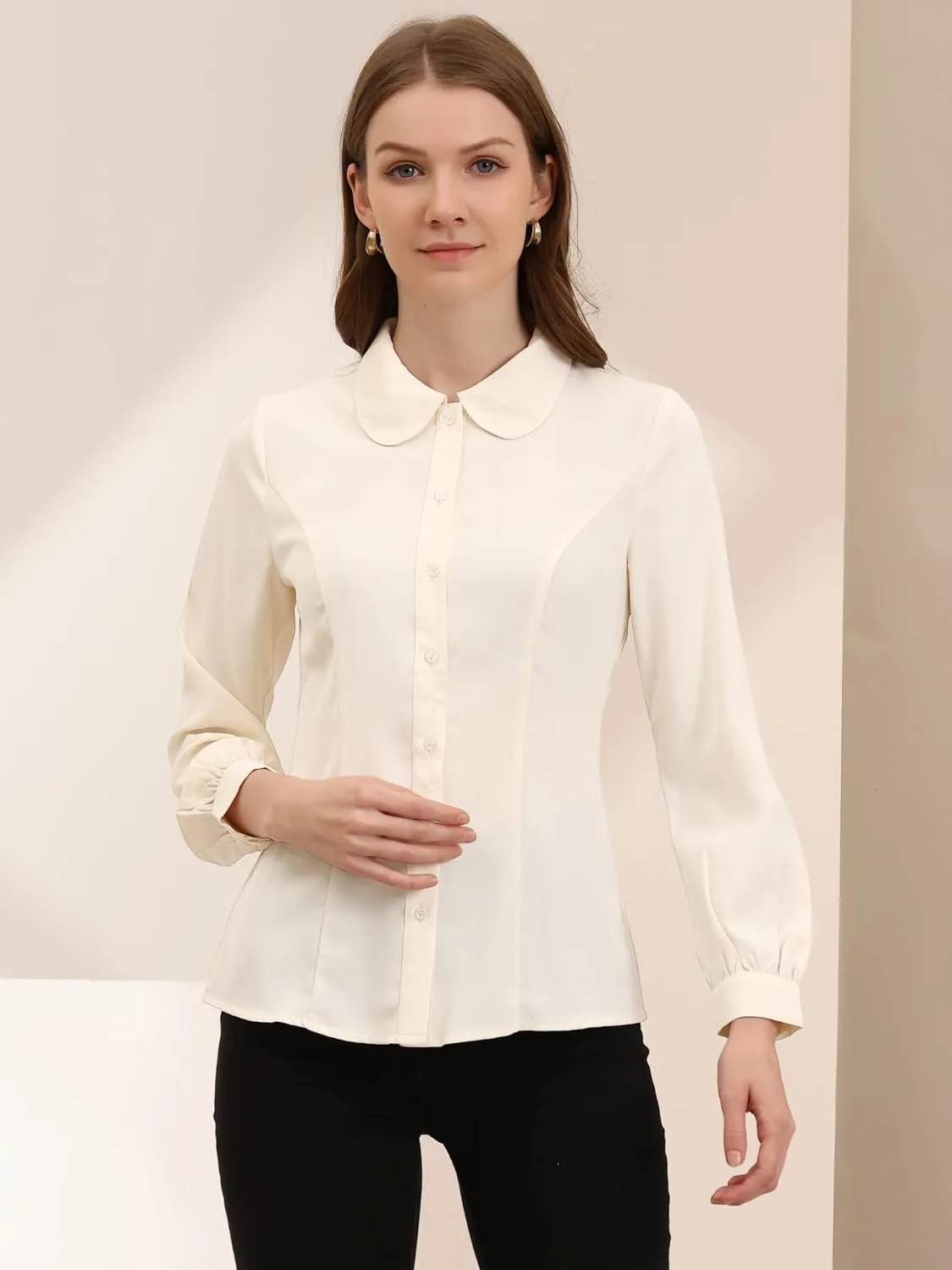 Allegra K Women's Button Up Shirt Business Casual Career Peter Pan Collar Long Bishop Sleeve Blouse