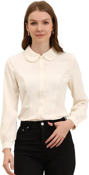 Allegra K Women's Button Up Shirt Business Casual Career Peter Pan Collar Long Bishop Sleeve Blouse