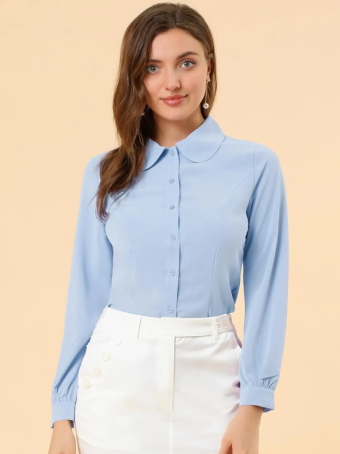Allegra K Women's Button Up Shirt Business Casual Career Peter Pan Collar Long Bishop Sleeve Blouse