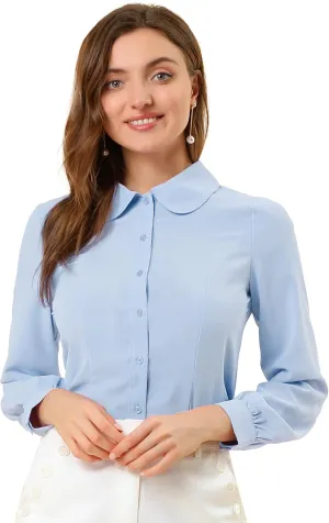 Allegra K Women's Button Up Shirt Business Casual Career Peter Pan Collar Long Bishop Sleeve Blouse
