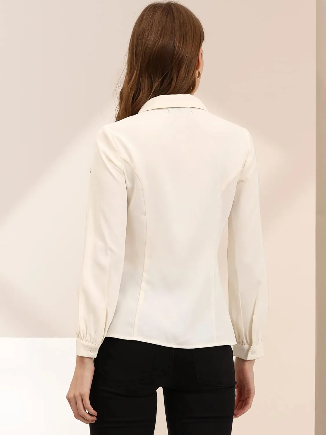 Allegra K Women's Button Up Shirt Business Casual Career Peter Pan Collar Long Bishop Sleeve Blouse