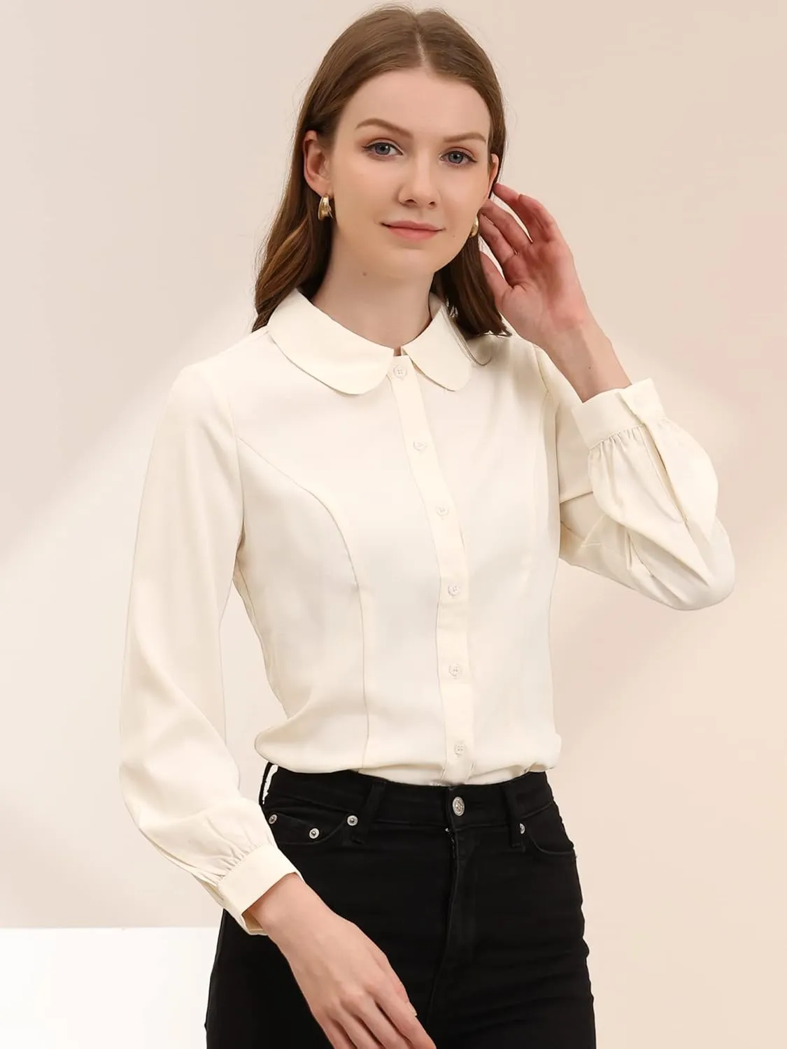 Allegra K Women's Button Up Shirt Business Casual Career Peter Pan Collar Long Bishop Sleeve Blouse