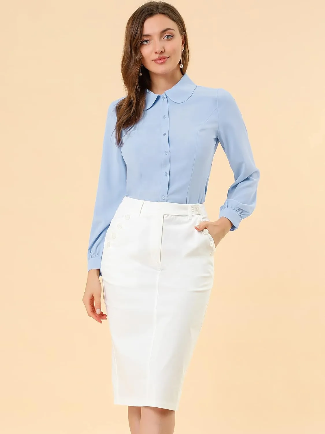 Allegra K Women's Button Up Shirt Business Casual Career Peter Pan Collar Long Bishop Sleeve Blouse
