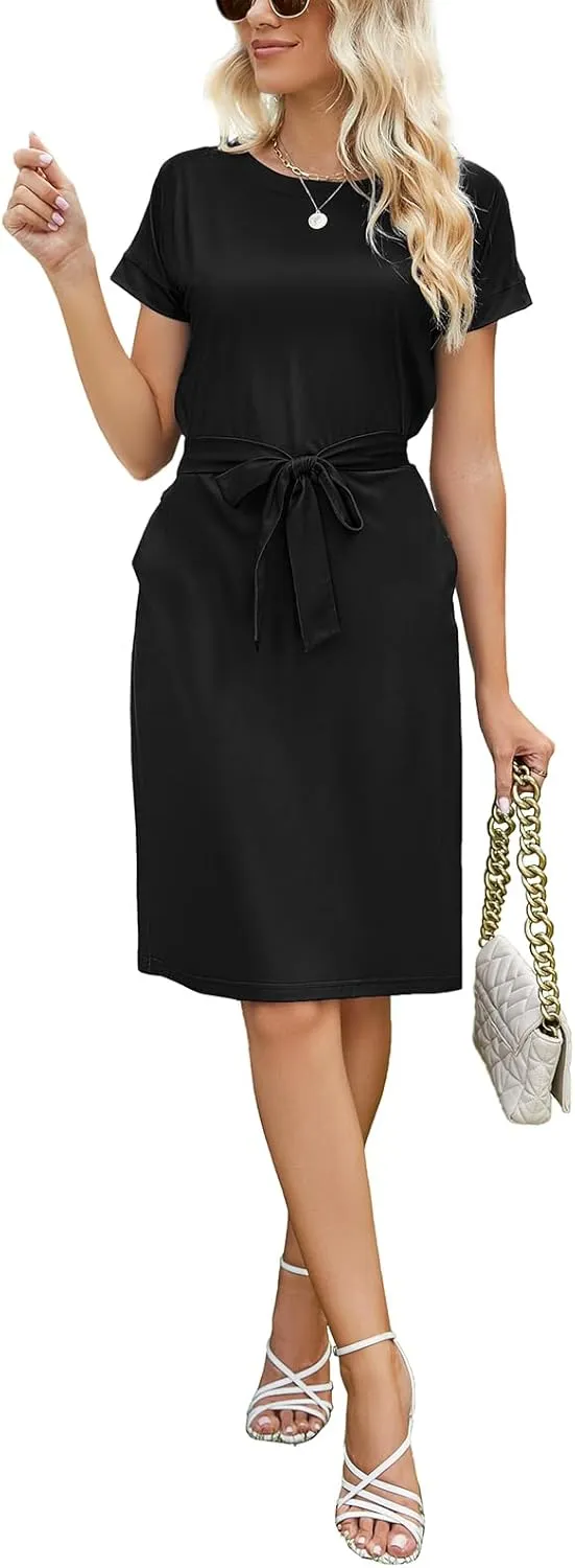 Arolina Womens Summer Short Sleeve Striped T Shirt Dress Casual Midi Dresses Crewneck Tie Waist with Pockets