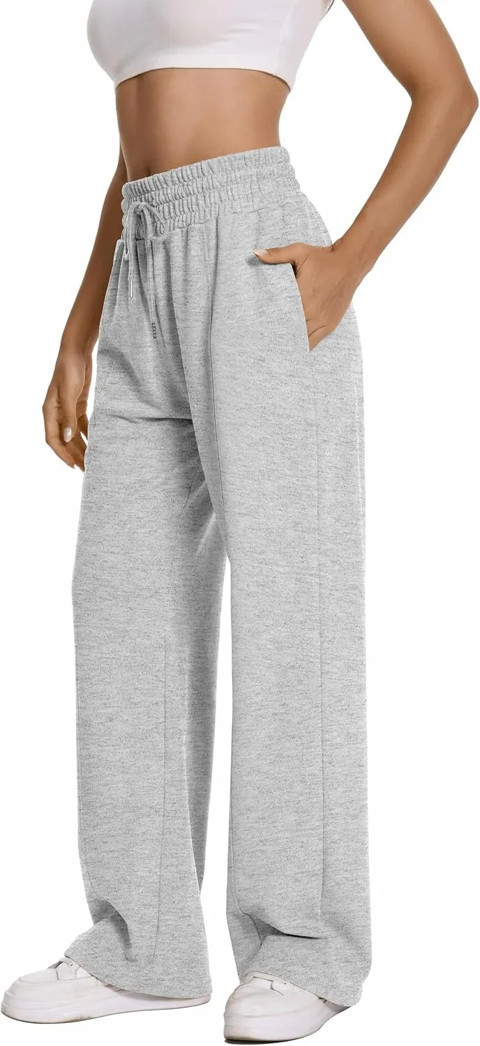 Auriviz Womens High Waisted Drawstring Sweatpants Straight Leg Pants Side Hidden Pockets Sweat Pants 30 Inseam