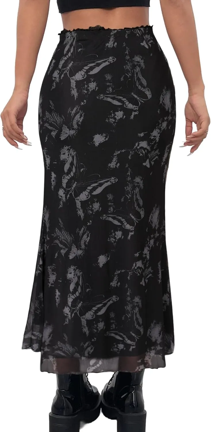 Avanova Women Ditsy Floral Bohemia Mesh Mermaid Skirt High Waist Summer Midi Skirts