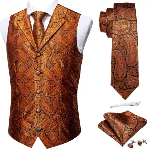 Barry.Wang Mens Paisley Formal Silk Jacquard Suit Vest Tailored Collar Waistcoat Tie Clip Set 5PCS Wedding Party Tuxedo