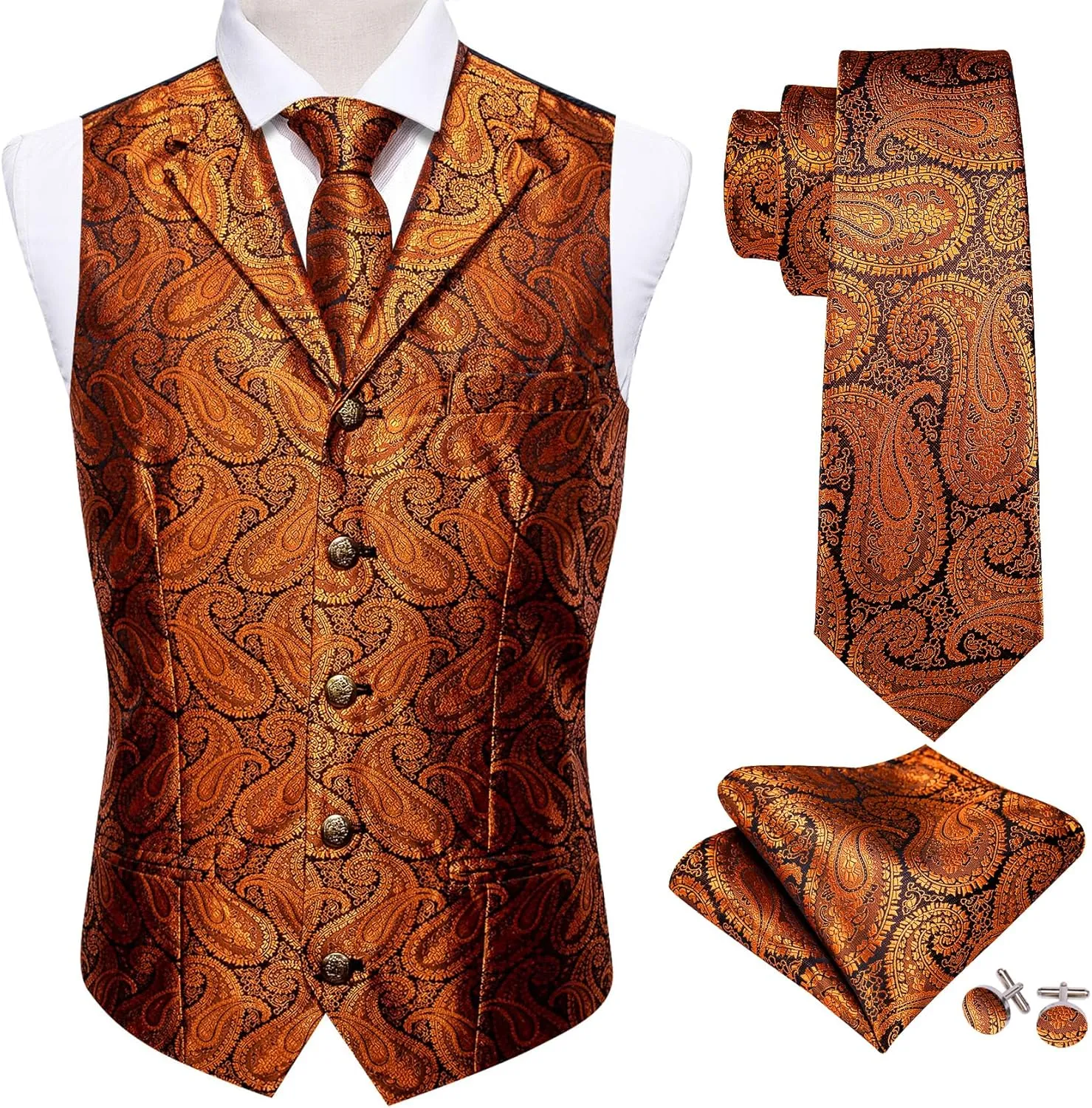 Barry.Wang Mens Paisley Formal Silk Jacquard Suit Vest Tailored Collar Waistcoat Tie Clip Set 5PCS Wedding Party Tuxedo
