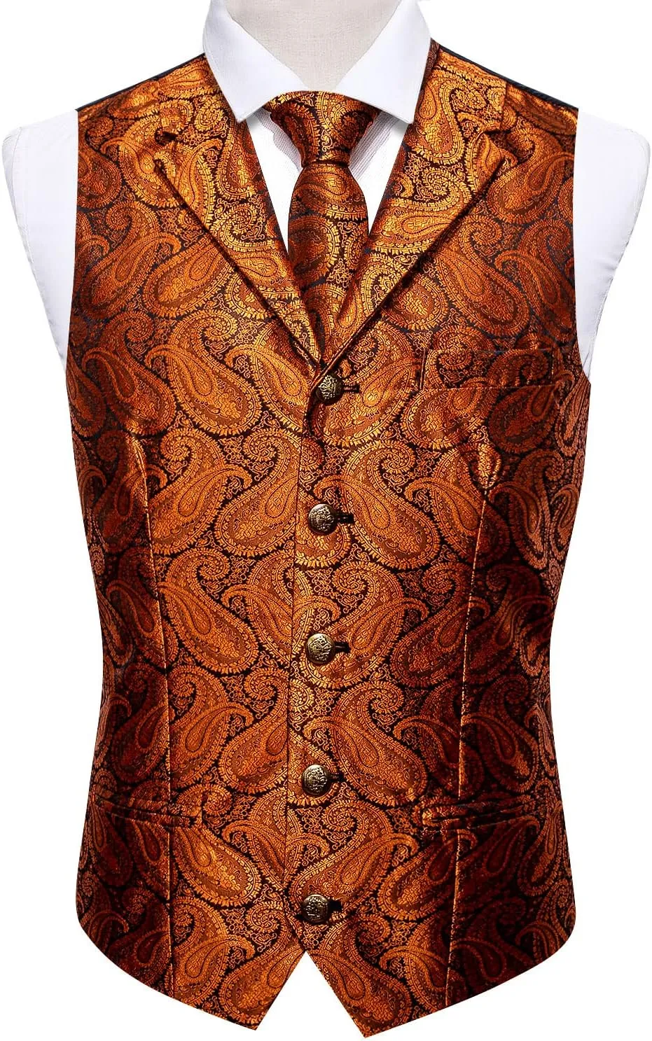 Barry.Wang Mens Paisley Formal Silk Jacquard Suit Vest Tailored Collar Waistcoat Tie Clip Set 5PCS Wedding Party Tuxedo