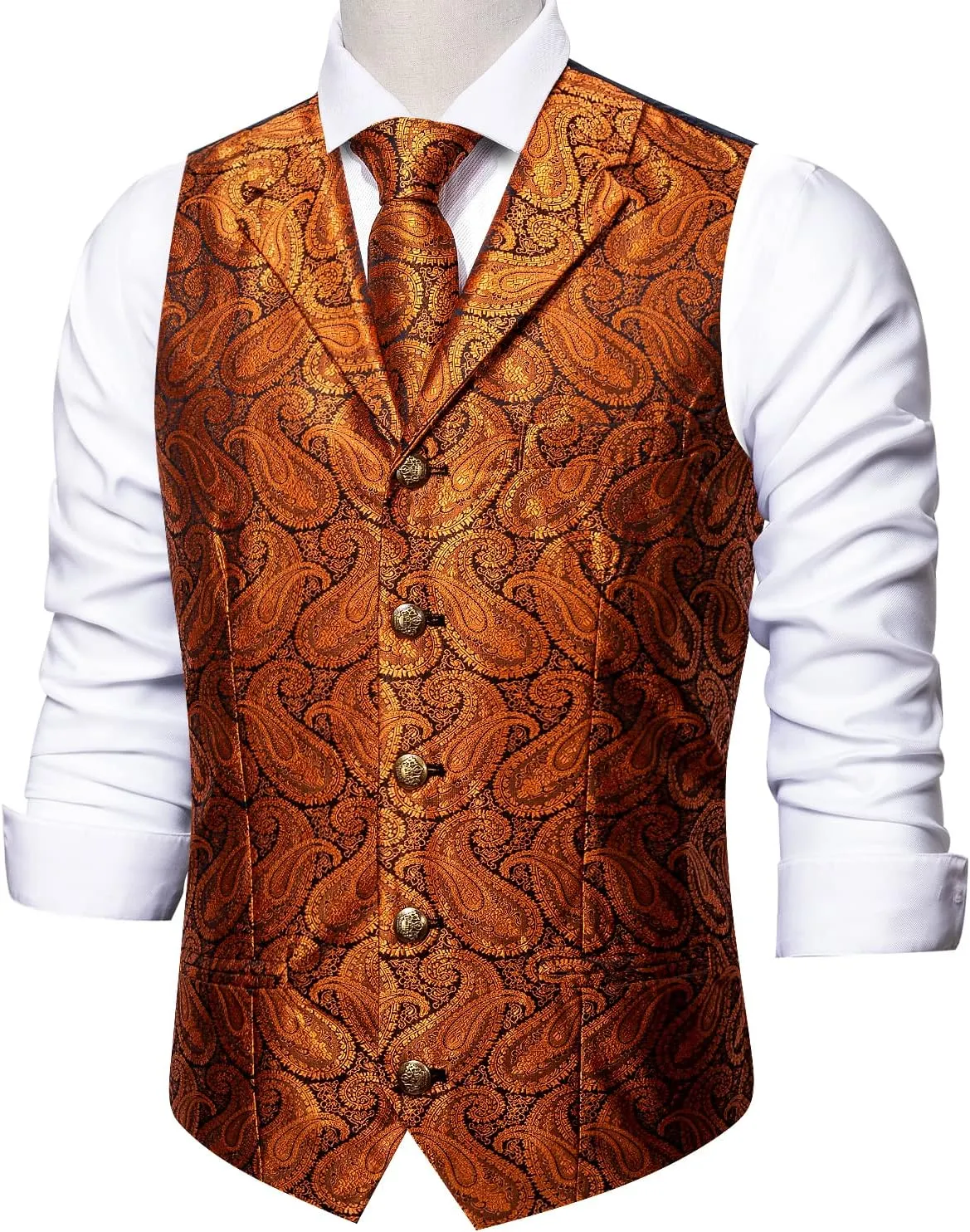 Barry.Wang Mens Paisley Formal Silk Jacquard Suit Vest Tailored Collar Waistcoat Tie Clip Set 5PCS Wedding Party Tuxedo