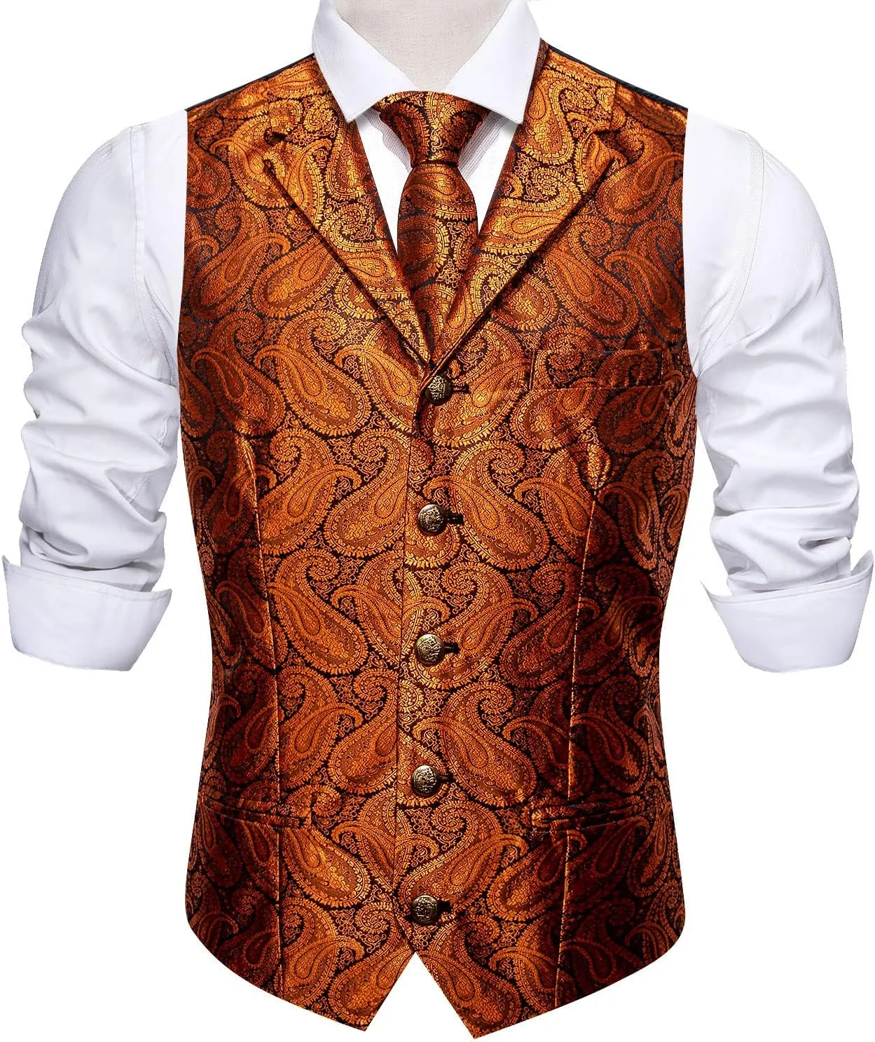 Barry.Wang Mens Paisley Formal Silk Jacquard Suit Vest Tailored Collar Waistcoat Tie Clip Set 5PCS Wedding Party Tuxedo