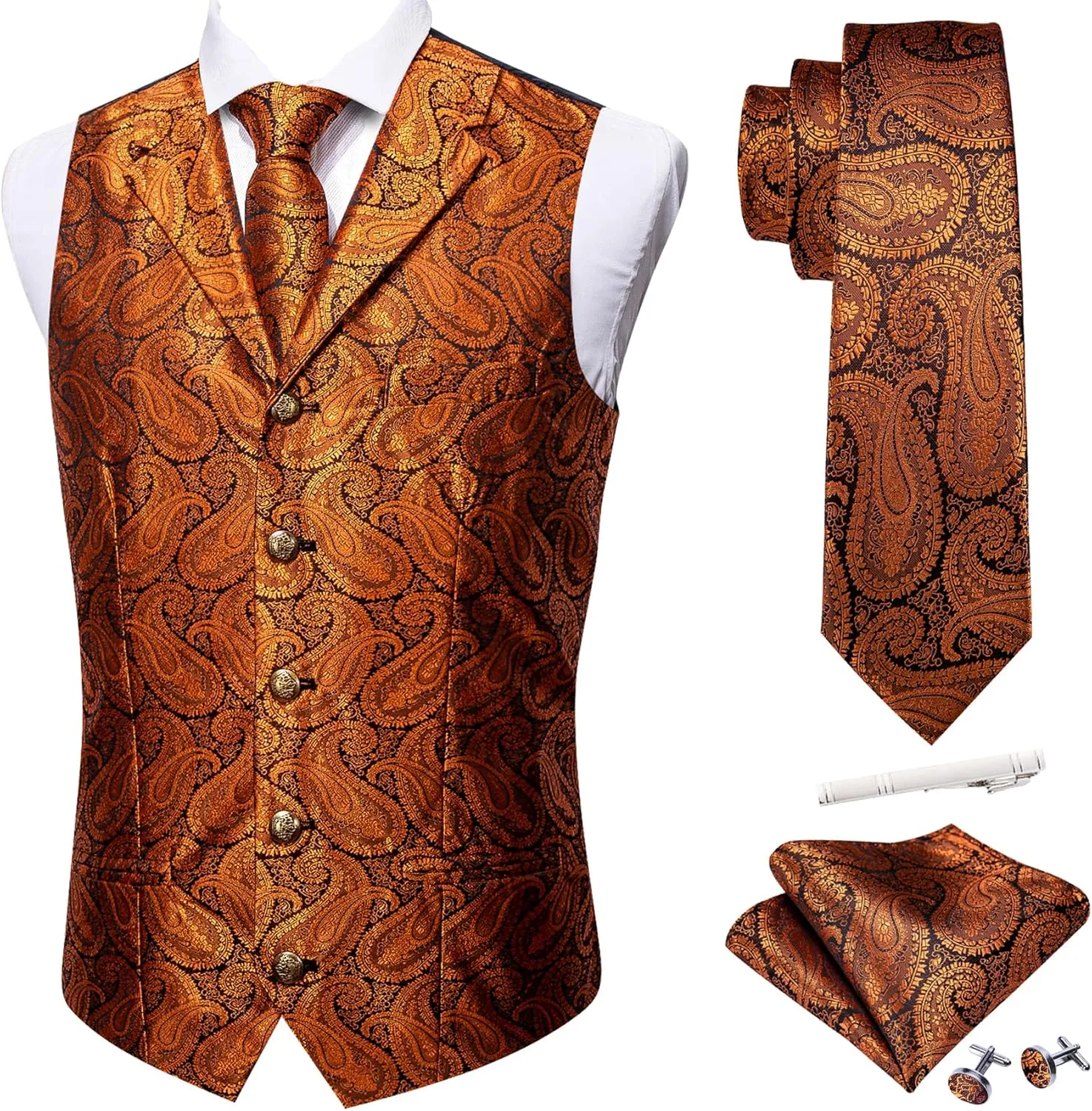 Barry.Wang Mens Paisley Formal Silk Jacquard Suit Vest Tailored Collar Waistcoat Tie Clip Set 5PCS Wedding Party Tuxedo