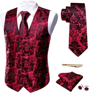Barry.Wang Mens Paisley V-neck Suit Vest Formal/Leisure Silk Jacquard Waistcoat Tie Set 5PCS