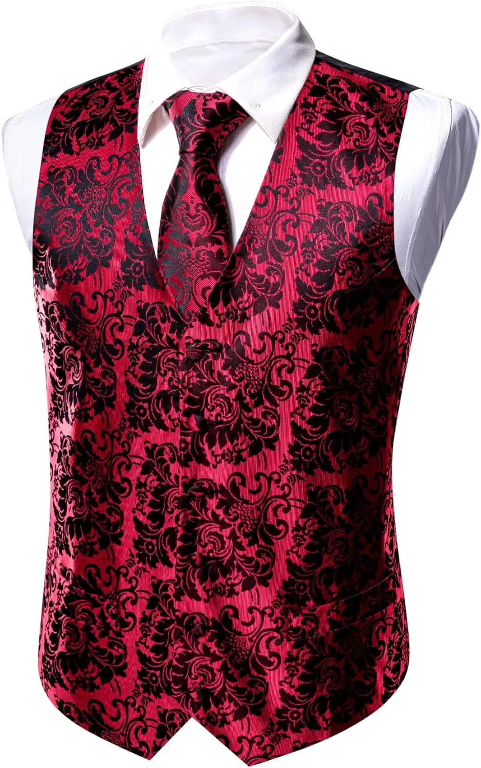 Barry.Wang Mens Paisley V-neck Suit Vest Formal/Leisure Silk Jacquard Waistcoat Tie Set 5PCS