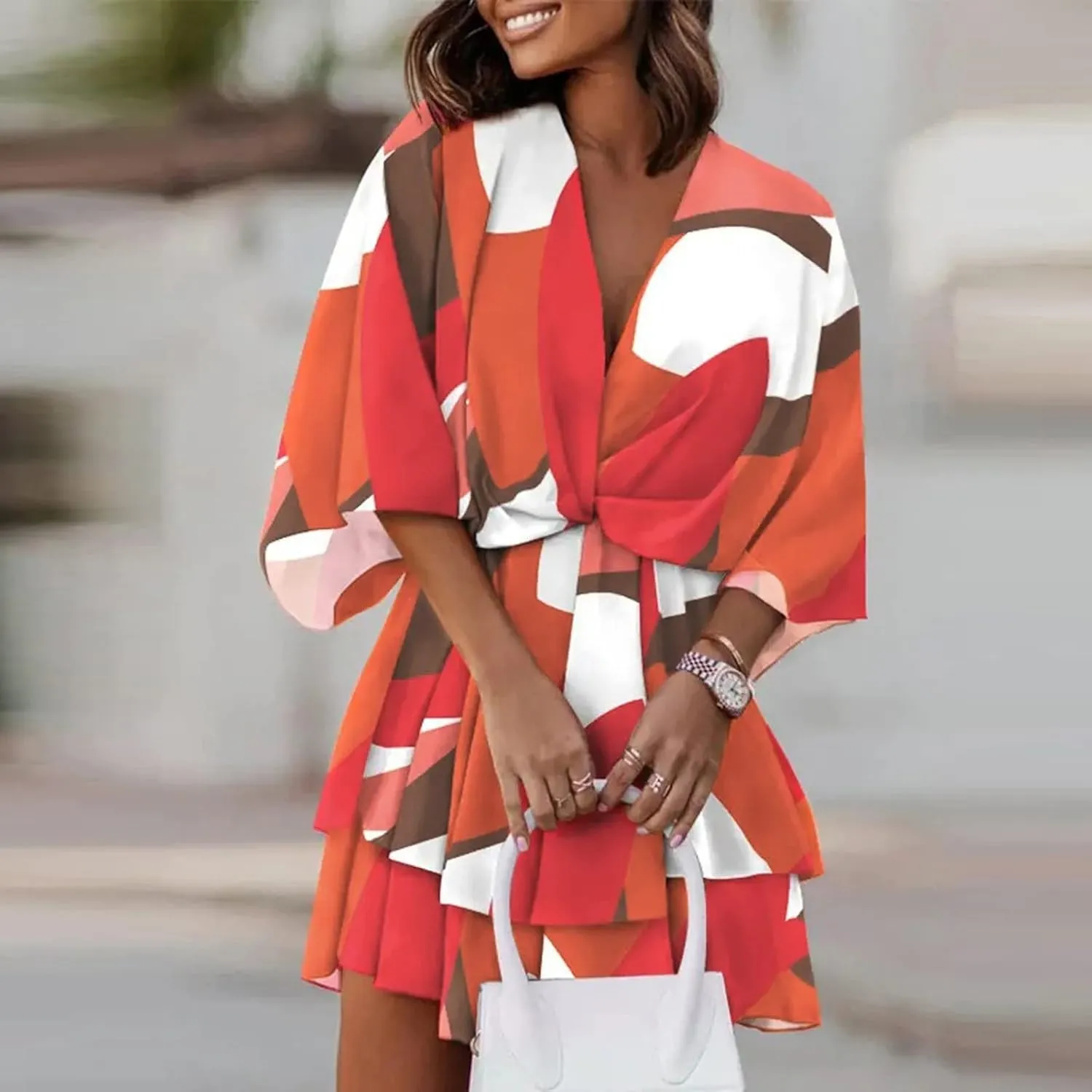 BAXLIMEK Beach Dresses for Women,2025 Elegant Deep V Neck Batwing Sleeve Mini Dress Flowy Ruched Tiered Print Vacation Dress