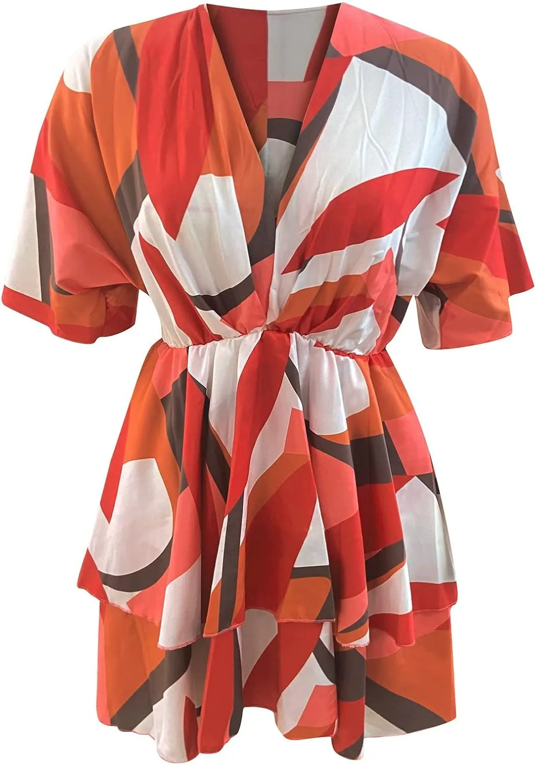 BAXLIMEK Beach Dresses for Women,2025 Elegant Deep V Neck Batwing Sleeve Mini Dress Flowy Ruched Tiered Print Vacation Dress