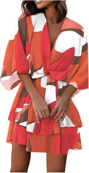 BAXLIMEK Beach Dresses for Women,2025 Elegant Deep V Neck Batwing Sleeve Mini Dress Flowy Ruched Tiered Print Vacation Dress