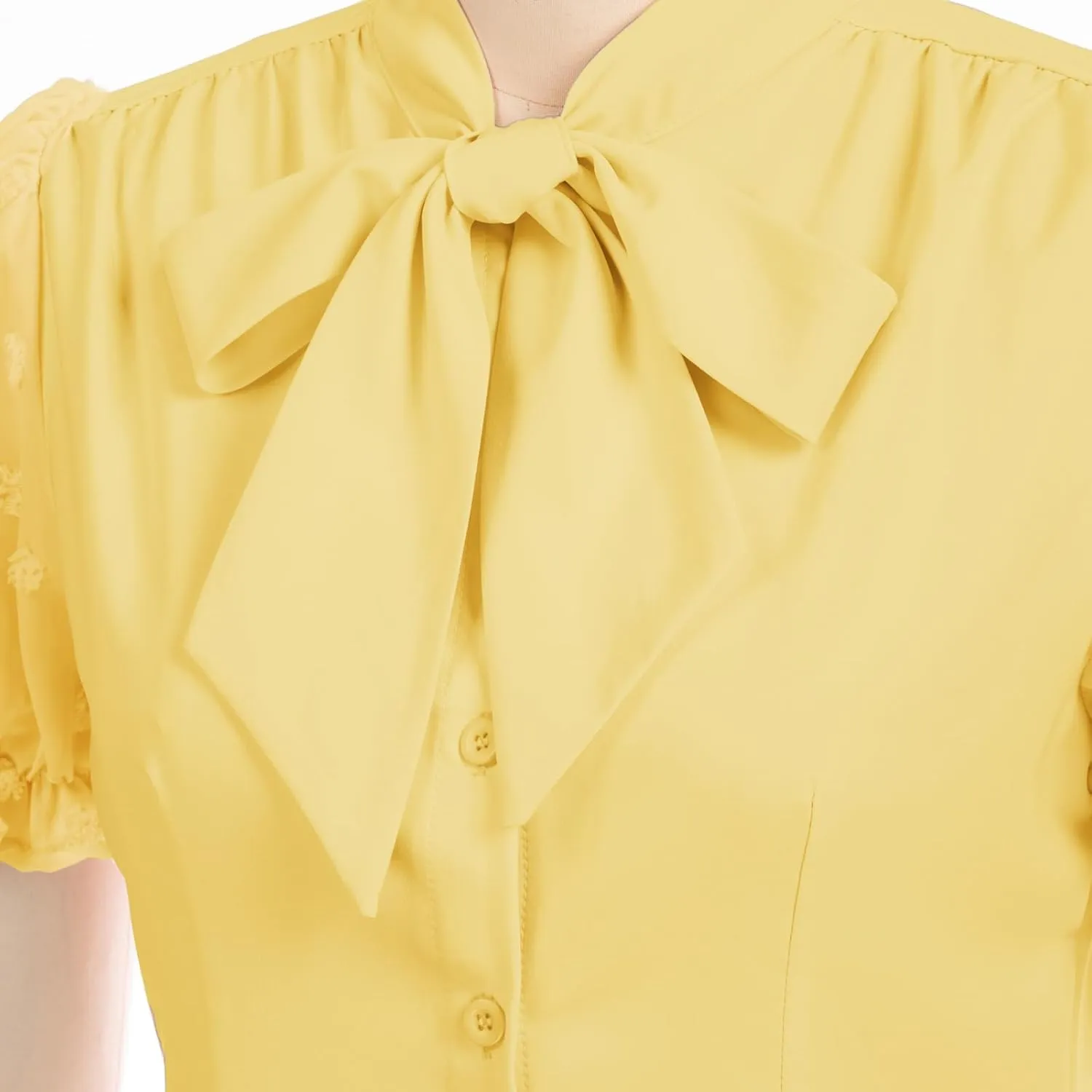Belle Poque Summer Short Sleeve Office Button Down Blouse Vintage Business Casual Shirts Tops with Bow Tie
