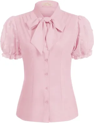 Belle Poque Summer Short Sleeve Office Button Down Blouse Vintage Business Casual Shirts Tops with Bow Tie