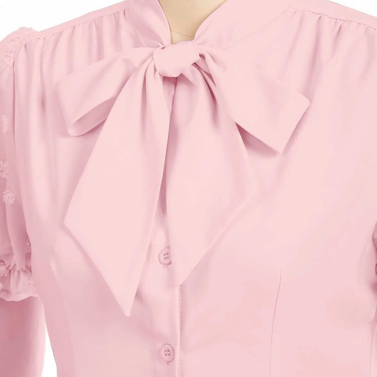 Belle Poque Summer Short Sleeve Office Button Down Blouse Vintage Business Casual Shirts Tops with Bow Tie