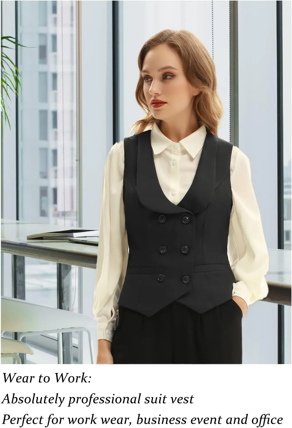Belle Poque Women Double Breasted Waistcoat Vintage Lapel Collar Vest Coat with 2 Pockets