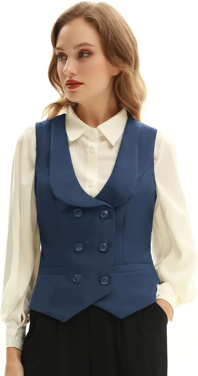 Belle Poque Women Double Breasted Waistcoat Vintage Lapel Collar Vest Coat with 2 Pockets