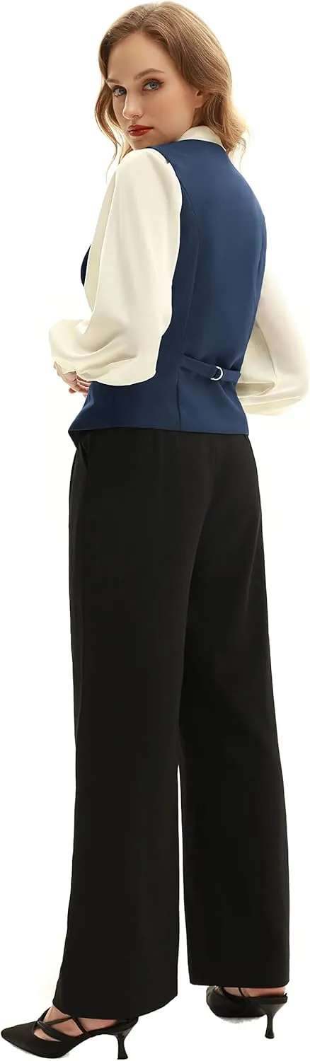 Belle Poque Women Double Breasted Waistcoat Vintage Lapel Collar Vest Coat with 2 Pockets