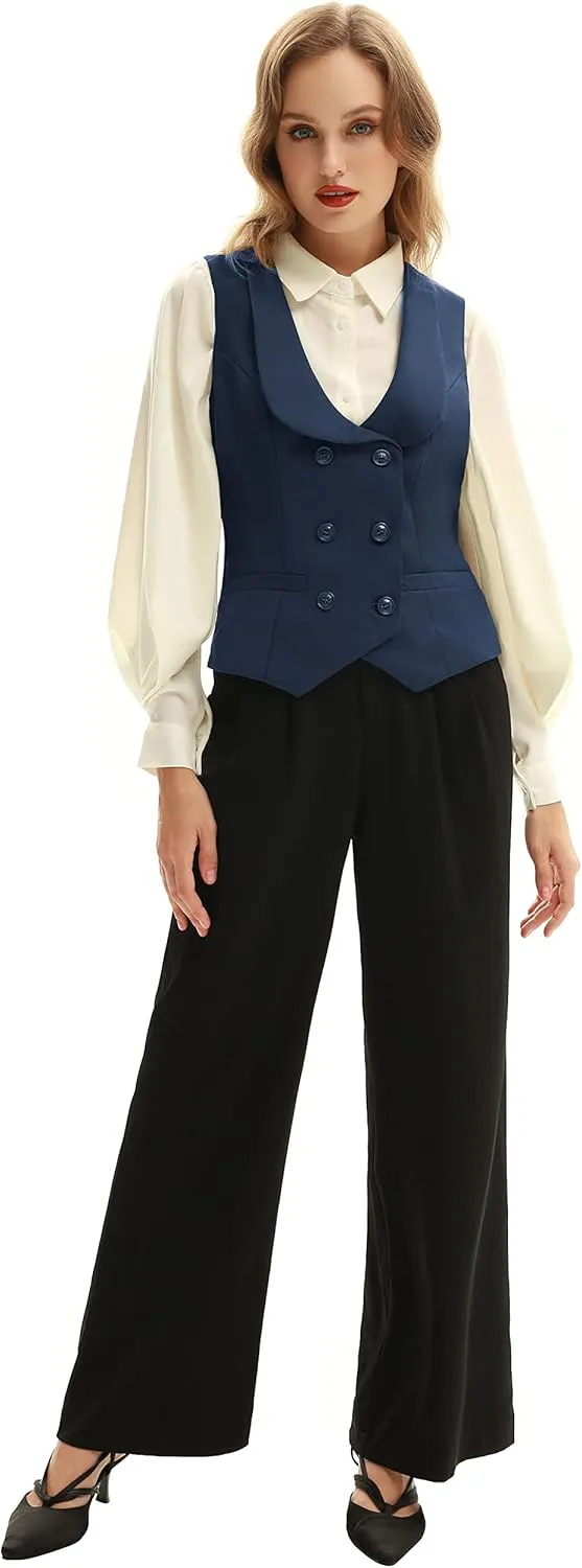 Belle Poque Women Double Breasted Waistcoat Vintage Lapel Collar Vest Coat with 2 Pockets