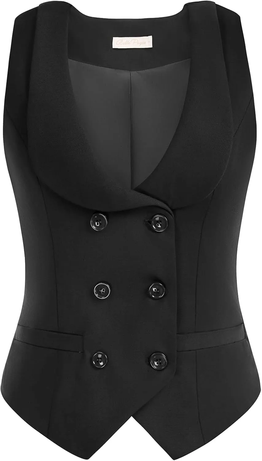 Belle Poque Women Double Breasted Waistcoat Vintage Lapel Collar Vest Coat with 2 Pockets