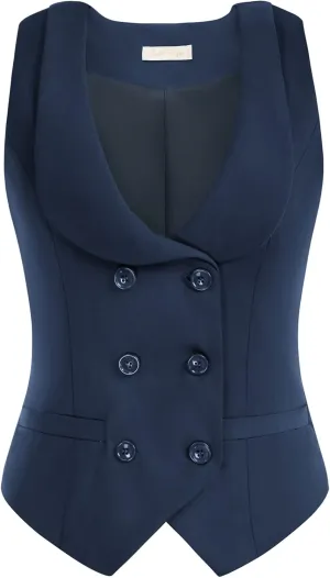 Belle Poque Women Double Breasted Waistcoat Vintage Lapel Collar Vest Coat with 2 Pockets
