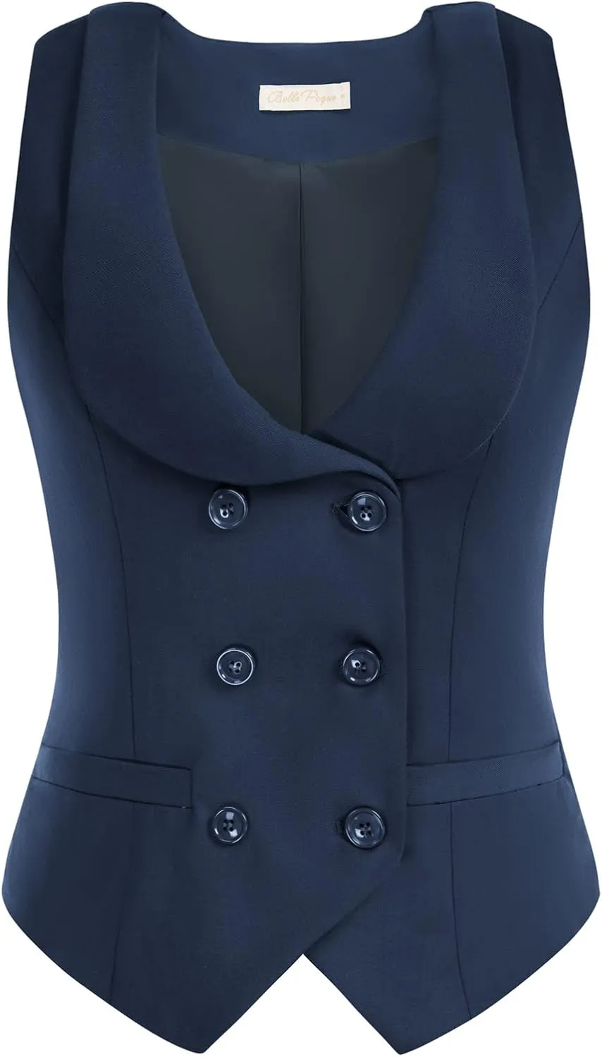 Belle Poque Women Double Breasted Waistcoat Vintage Lapel Collar Vest Coat with 2 Pockets