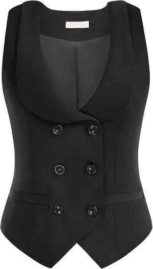 Belle Poque Women Double Breasted Waistcoat Vintage Lapel Collar Vest Coat with 2 Pockets