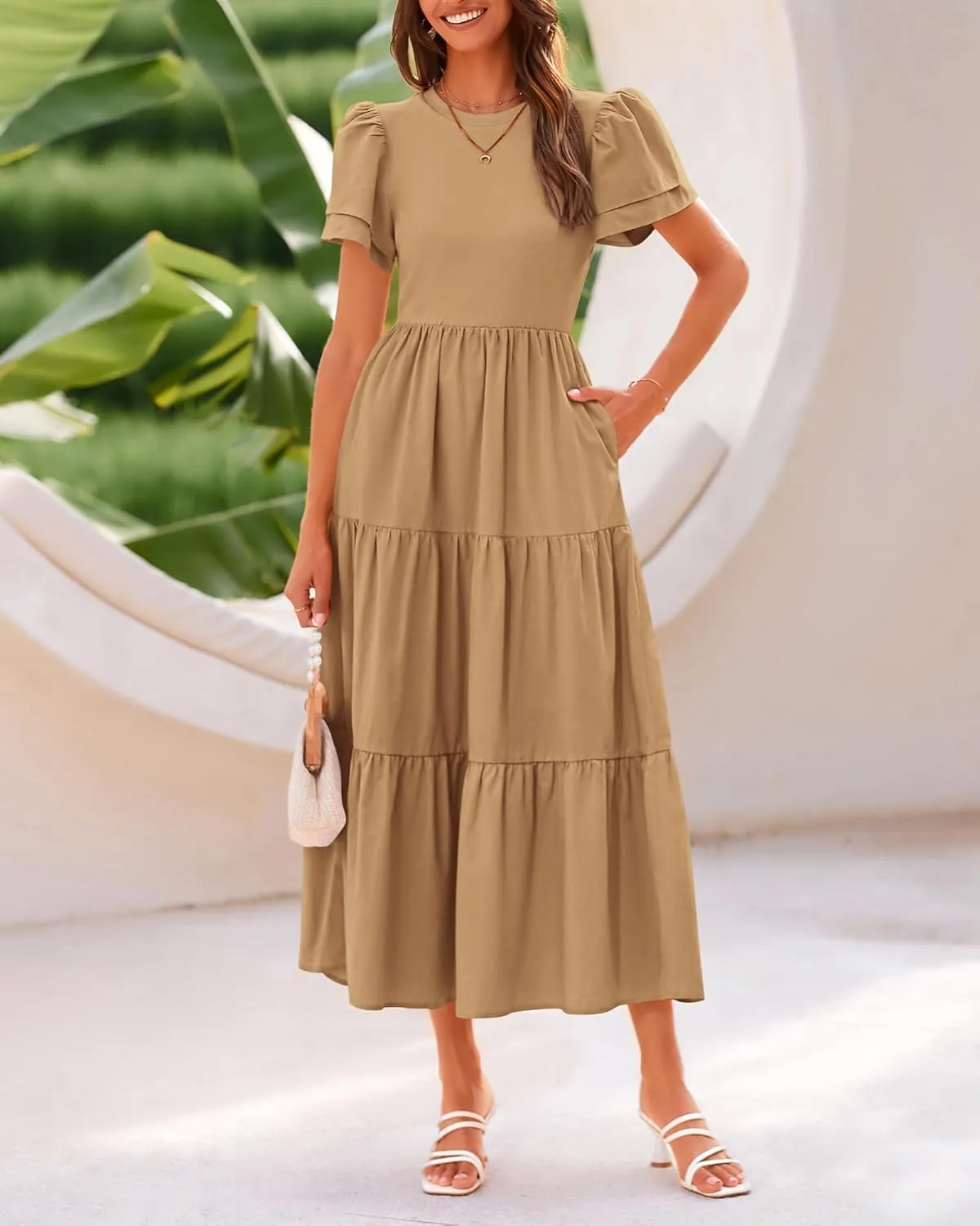 BTFBM Women Casual Summer Dresses 2025 Spring Crewneck Short Sleeve Tiered Flowy Boho Maxi Beach Vacation Dress Pockets
