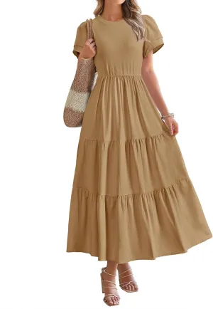 BTFBM Women Casual Summer Dresses 2025 Spring Crewneck Short Sleeve Tiered Flowy Boho Maxi Beach Vacation Dress Pockets